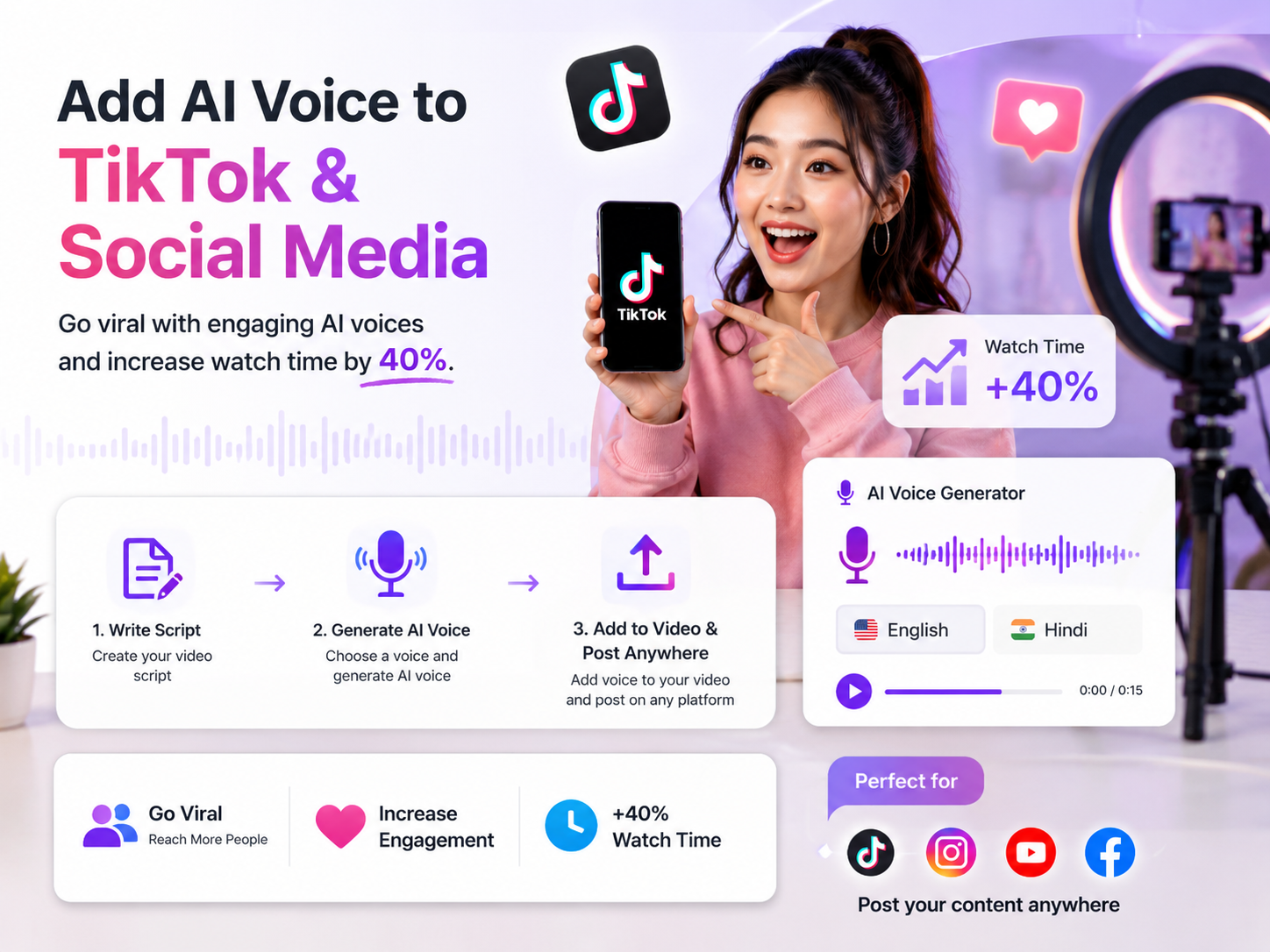 A smartphone displaying a short-form video editor with AI-generated voiceover preview.