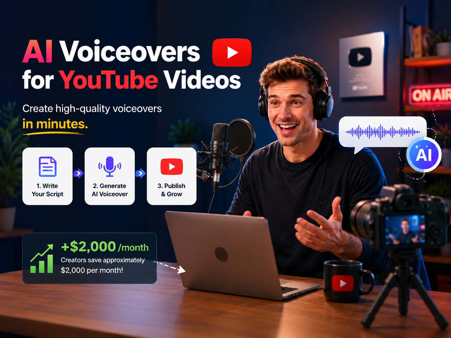 A YouTube creator adding an AI-generated voiceover to a video editing timeline.